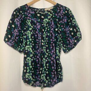 Loft Floral Purple Aqua Black Balloon Sleeve Smocked Womens M Blouse Office EUC